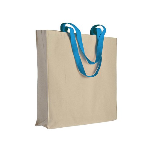 220 g/m2 natural cotton shopping bag with coloured long handles and gusset 220 g/m2 natural cotton shopping bag with coloured long handles and gusset