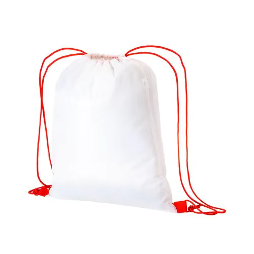 210T white polyester backpack with choke closure and colored cords 210T white polyester backpack with choke closure and colored cords