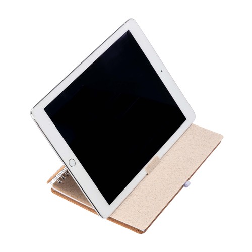 Carnet à anneaux en liège transformable en support pour téléphone portable. Carnet à anneaux en liège transformable en support pour téléphone portable.