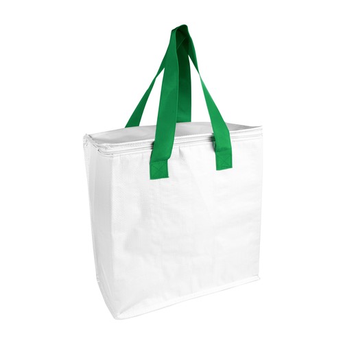 Laminated PP cooler bag 120 g/m2, coloured handles, zipper closure Laminated PP cooler bag 120 g/m2, coloured handles, zipper closure