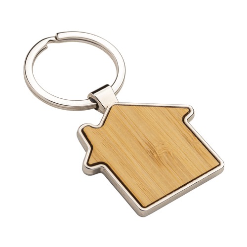 Porte-clés en métal en forme de petite maison avec détails en bambou sur la face avant Porte-clés en métal en forme de petite maison avec détails en bambou sur la face avant