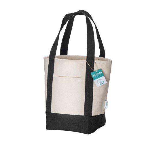 Mini borsa shopper in cotone riciclato da 340 g/m2 con manici e base colorati. GRS Mini borsa shopper in cotone riciclato da 340 g/m2 con manici e base colorati. GRS