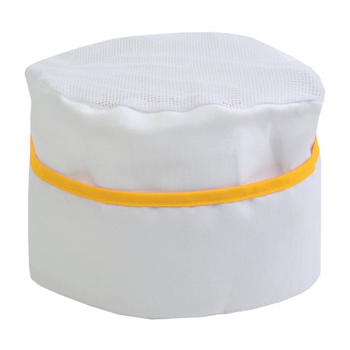 30% cotton/70% polyester white chef s hat with coloured edges. One size 30% cotton/70% polyester white chef s hat with coloured edges. One size