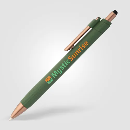 Penna a sfera York con gommino touch-screen in plastica riciclata con dettagli in bronzo Penna a sfera York con gommino touch-screen in plastica riciclata con dettagli in bronzo