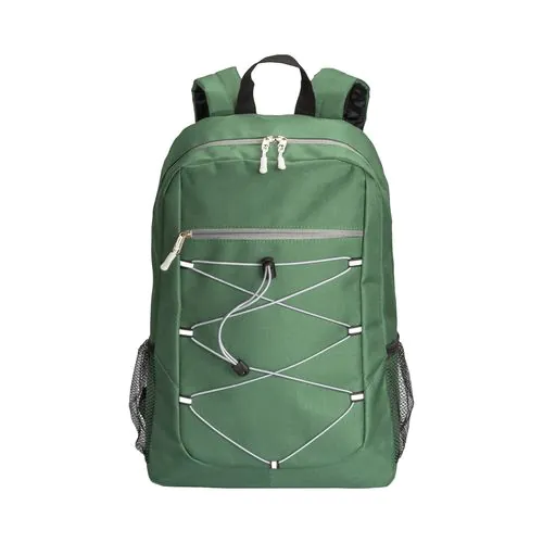 600D polyester 4-pocket backpack (two mesh side pockets). Padded straps and back