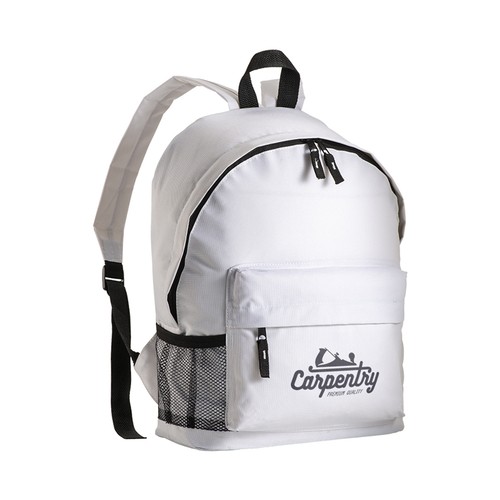 600D polyester 3-pocket backpack (one mesh side pocket). Adjustable shoulder straps