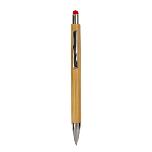 Bamboo barrel push ball pen with colored touch point and chrome tip
