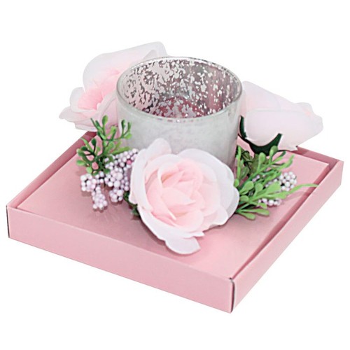 PINK GLASS CANDLE WITH FLOWERS