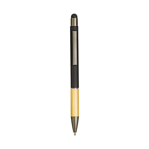 Penna a scatto in alluminio gommato con impugnatura in bambù e gommino touch