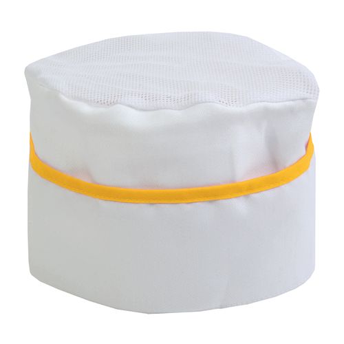 30% cotton/70% polyester white chef s hat with coloured edges. One size