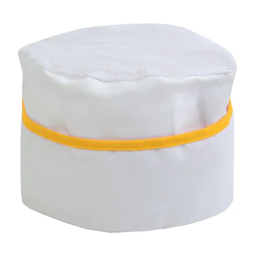 30% cotton/70% polyester white chef s hat with coloured edges. One size