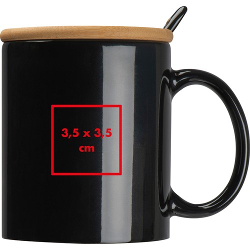 Ceramic mug with spoon and bamboo lid