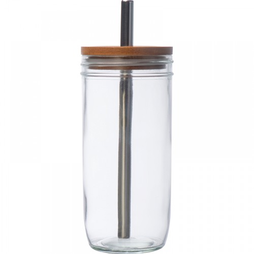 Glass mug with bamboo lid and straw Glass mug with bamboo lid and straw