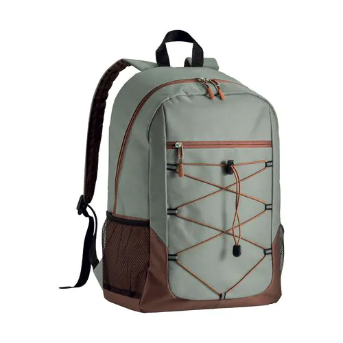 600D polyester 4-pocket backpack (two mesh side pockets). Padded straps and back