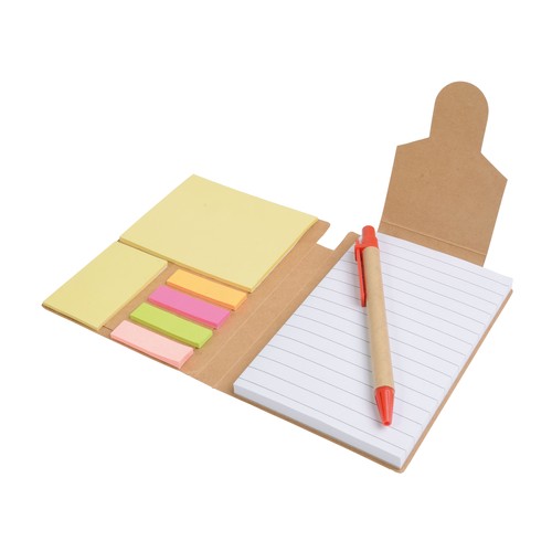 Recycled-paper notepad with cardboard pen and sticky notes