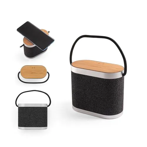 GUETTA. 5W draagbare luidspreker met supersnelle 15W draadloos oplader en 2 uur batterijduur gemaakt van bamboe en gerecycled PET (100% rPET) GUETTA. 5W draagbare luidspreker met supersnelle 15W draadloos oplader en 2 uur batterijduur gemaakt van bamboe en gerecycled PET (100% rPET)