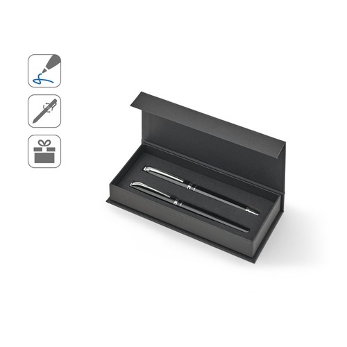 SARAMAGO. Coffret haut de gamme comprenant 1 stylo à bille et 1 stylo roller en cuivre et acier inoxydable, à encre bleue
