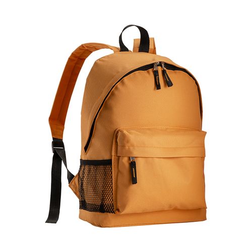 600D polyester 3-pocket backpack (one mesh side pocket). Adjustable shoulder straps