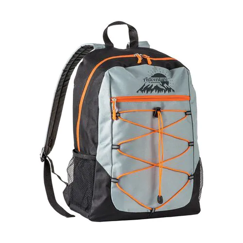 600D polyester 4-pocket backpack (two mesh side pockets). Padded straps and back