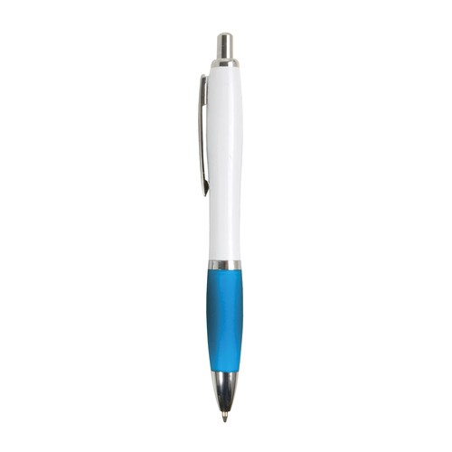 Penna a scatto in plastica ABS, con fusto bianco, impugnatura colorata gommata Penna a scatto in plastica ABS, con fusto bianco, impugnatura colorata gommata