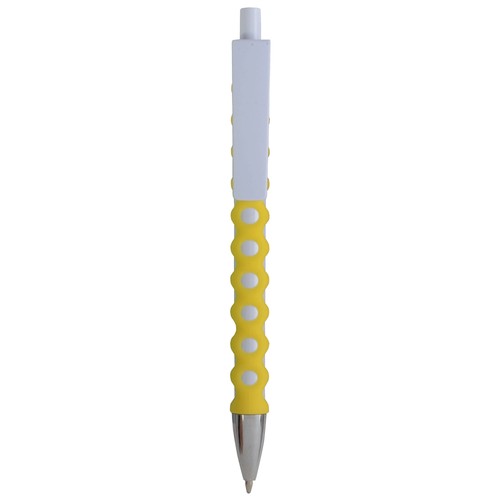 Plastic snap pen with white barrel, clip and button
