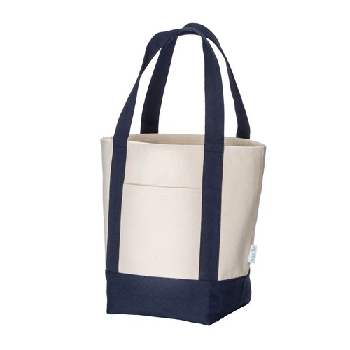 Mini shopper bag made of 340 g/m2 recycled cotton with colorful handles and base. GRS
