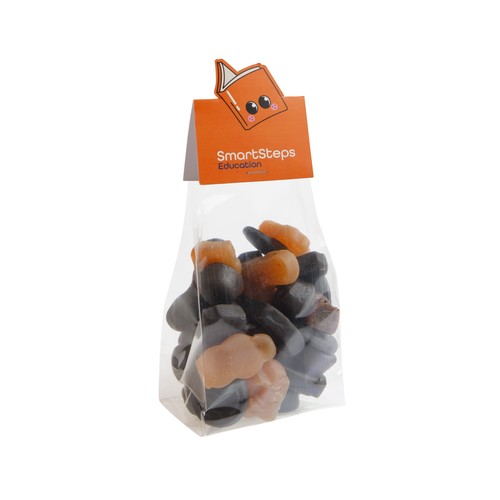 Blokzakje met kopkaartje in eigen vorm en 150 gram snoep Blokzakje met kopkaartje in eigen vorm en 150 gram snoep