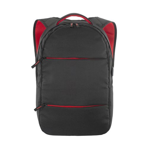 600D polyester PC backpack. Main laptop pocket and 3 front pockets. Breathable material