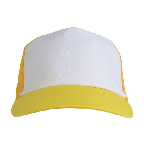 Polyester 5-panel cap with mesh crown and adjustable velcro strap