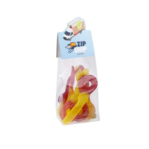 Block bag with header card in your own shape and 100 grams of candy Block bag with header card in your own shape and 100 grams of candy