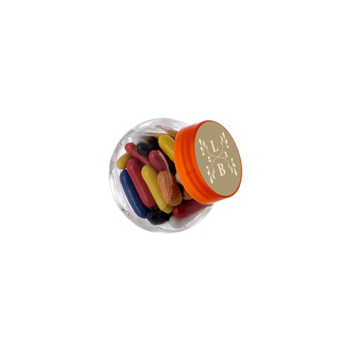 Micro glazen potje 50 ml, gevuld met snoep Micro glazen potje 50 ml, gevuld met snoep