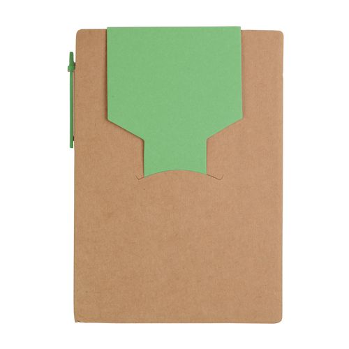 Recycled-paper notepad with cardboard pen and sticky notes