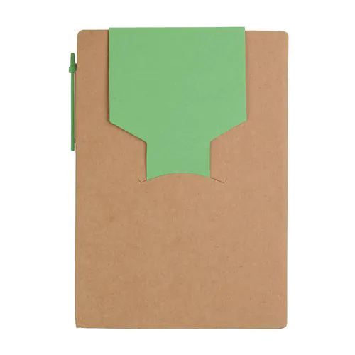 Recycled-paper notepad with cardboard pen and sticky notes