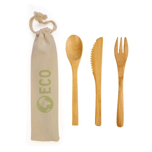 Bamboo cutlery set in cotton pouch