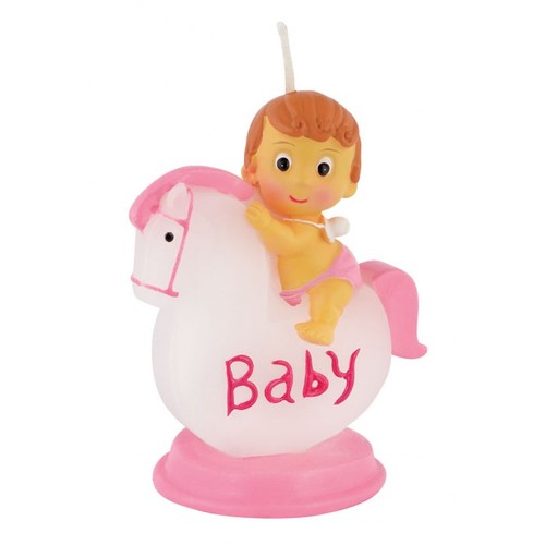 BOUGIE BÉBÉ AVEC CHEVAL ROSE H80 MM