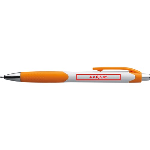 Plastic ball pen with white shaft and rubber grip zone