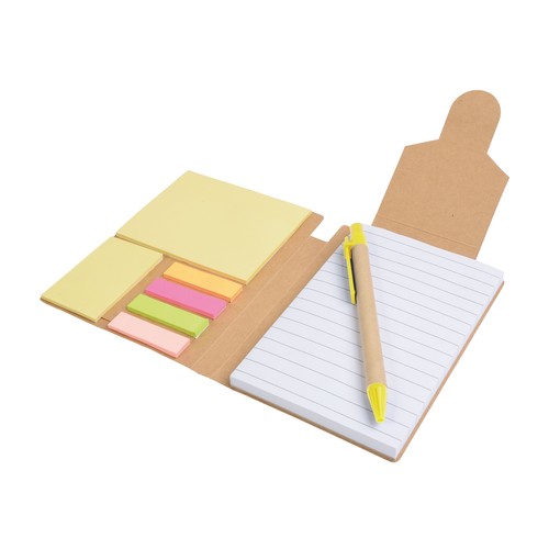 Recycled-paper notepad with cardboard pen and sticky notes