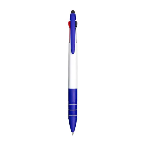 Plastic snap pen with 3 refills in blue, black and red, and touchscreen rubber tip Plastic snap pen with 3 refills in blue, black and red, and touchscreen rubber tip