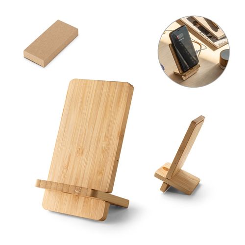 LANGE. Soporte para smartphone con cargador inalámbrico, rápido, de 15 W en bambú