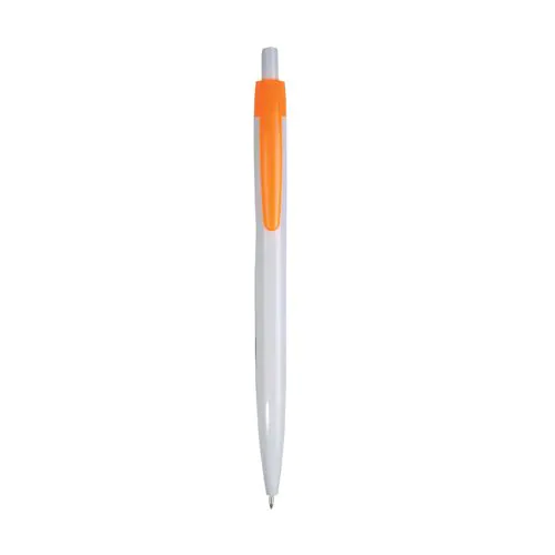 Penna a scatto in plastica, fusto bianco e clip colorata Penna a scatto in plastica, fusto bianco e clip colorata