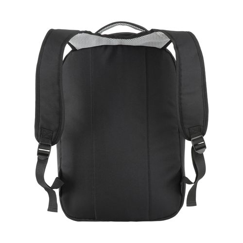 600D polyester PC backpack. Main laptop pocket and 3 front pockets. Breathable material