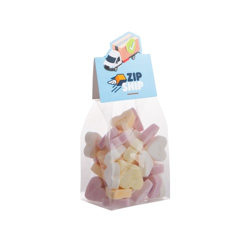 Block bag with header card in your own shape and 100 grams of candy Block bag with header card in your own shape and 100 grams of candy