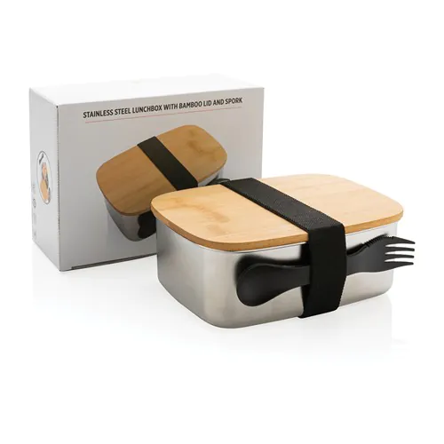 Roestvrijstalen lunchbox met bamboe deksel en spork Roestvrijstalen lunchbox met bamboe deksel en spork