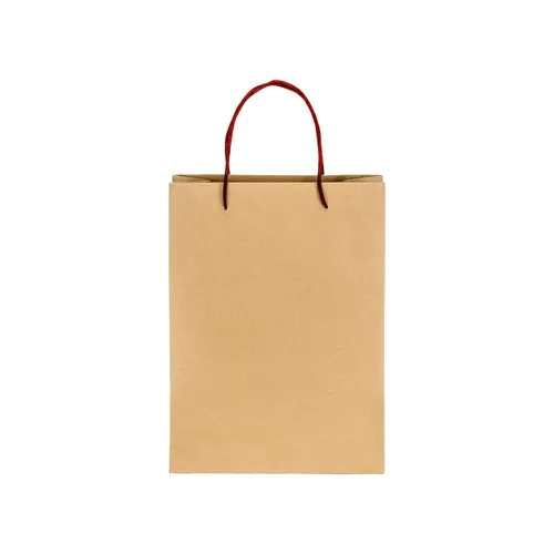 Sacchetto in carta naturale riciclata da 150 g/m2, con soffietto e manici corti colorati Sacchetto in carta naturale riciclata da 150 g/m2, con soffietto e manici corti colorati