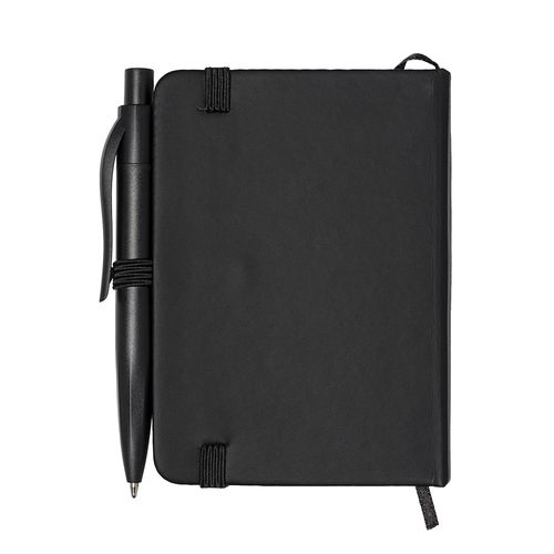 Notebook set with hard PU cover and mini pen. Elastic closure satin bookmark and box