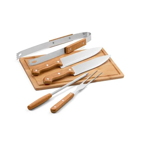 FLARE. Five-piece wooden and stainless steel barbecue set with bamboo board FLARE. Five-piece wooden and stainless steel barbecue set with bamboo board