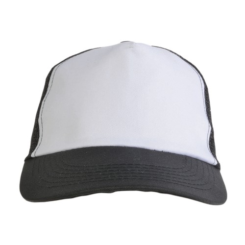 Polyester 5-panel cap with mesh crown and adjustable velcro strap