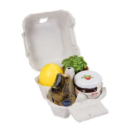 Boxed pleasure - with plant-pot, egg-candle, chocolate-bunny and jam