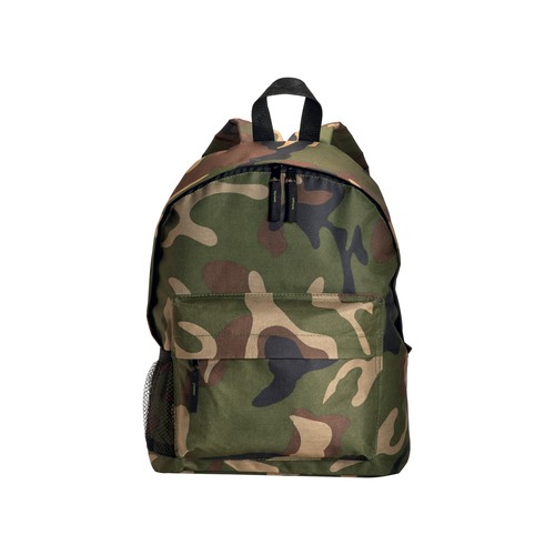 600D polyester 3-pocket camouflage backpack (one mesh side pocket). Adjustable shoulder