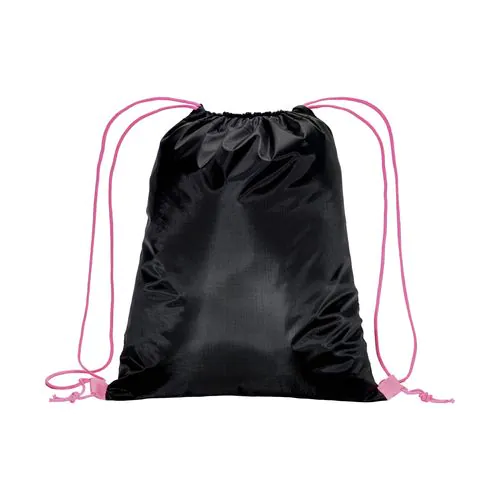 210T black polyester backpack with choke closure and colored cords 210T black polyester backpack with choke closure and colored cords